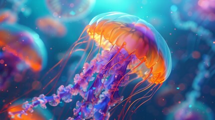 A jellyfish swimming in the ocean, in the style of glowing colors. Generated by artificial intelligence.