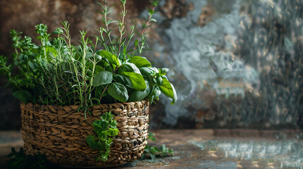 the freshness of herbs by arranging them in a woven basket with a rustic backdrop