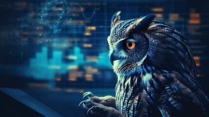 A wise old owl perched on a digital ledger analyzing blockchain data with human-like focus and intelligence