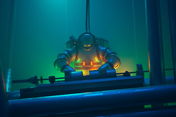 Advanced Illuminated Deep-Sea Diving Suit in a Conceptual Underwater Scene