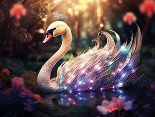 Anthropomorphic animals Art Nouveau pop art portraying graceful swans