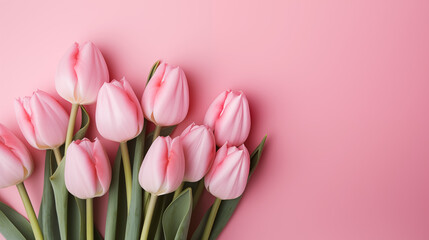 Bouquet of spring flowers, pink tulips lying on pastel empty background.