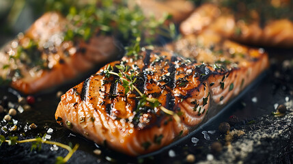 the freshness of thyme leaves sprinkled over a succulent grilled salmon fillet - obrazy, fototapety, plakaty