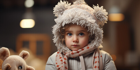 Portrait of a cute little girl in a winter hat and scarf - obrazy, fototapety, plakaty