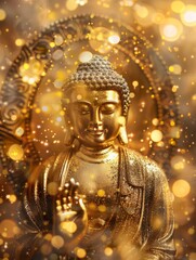 A golden Buddha statue in a golden background, clear, cute and dreamy, sparkling, I can't believe how beautiful this is, poolcore, copy space - generative ai