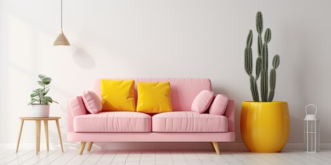 Pink potted cactus and kettle on white table in cozy living room with yellow sofa cushions and wooden stool.