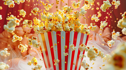 popcorn promotion background, red and white popcorn paper bucket  - obrazy, fototapety, plakaty