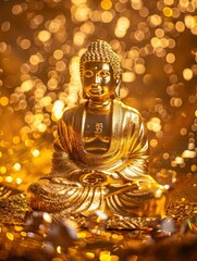 A golden Buddha statue in a golden background, clear, cute and dreamy, sparkling, I can't believe how beautiful this is, poolcore, copy space - generative ai