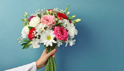 Female hand with bouquet of beautiful flowers on blue color background, text space 