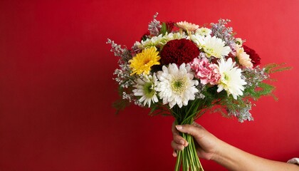 Female hand with bouquet of beautiful flowers on red color background, text space