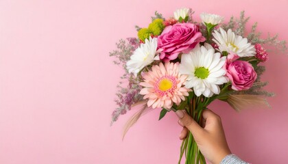 Female hand with bouquet of beautiful flowers on pink color background, text space