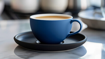 Blue coffee cup on saucer.