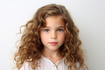 Portrait of a cute little girl with long curly hair on white background