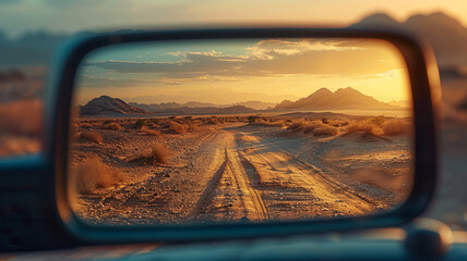 Rearview mirror showing a desert road at sunset. - obrazy, fototapety, plakaty