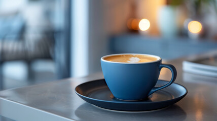 A blue cup of coffee with latte art on a table.