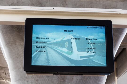 Close up image of the  Skyline Rail Timetable displayed on an electronic screen at the Halawa, Aloha Stadium, station. The Skyline Rail officially opened June 30, 2023. 