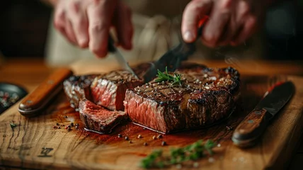 Gordijnen Chef cutting grilled steak on a wooden board © SashaMagic