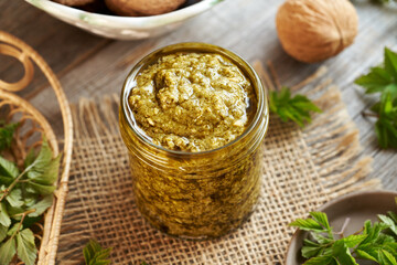 Homemade green pesto made of young goutweed leaves - a wild edible plant collected in early spring
