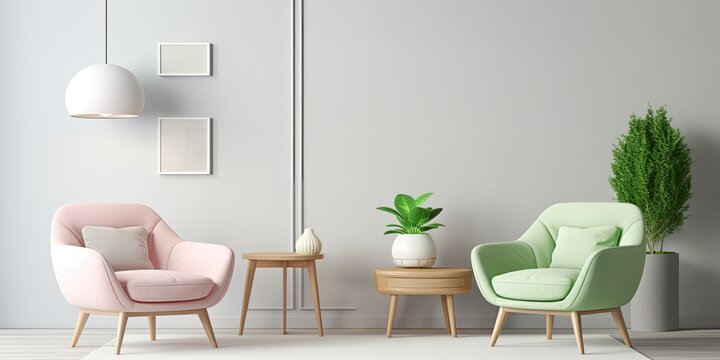 Modern flat interior with white, grey, and green chair, round table, pastel lamps, sofa, and pink armchair.