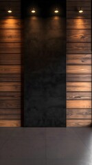 Industrial architecture wall mockup featuring a dark center with wooden panels on both the left and right sides