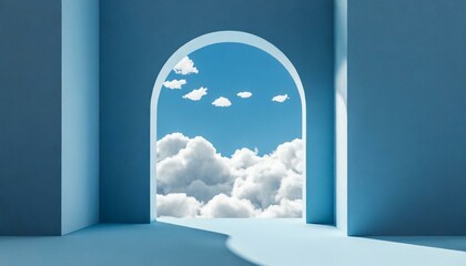 Abstract minimal blue background with white clouds flying out the tunnel 