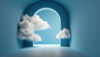 Abstract minimal blue background with blue clouds flying out the tunnel	

