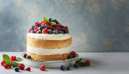 Delicious homemade cake with fresh berries and space for text on light background - Powered by Adobe
