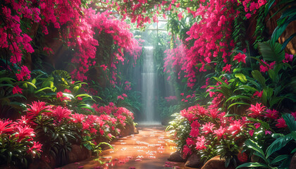 Waterfall and Garden with an Enchanted Atmosphere, National Garden Month, May	 - obrazy, fototapety, plakaty