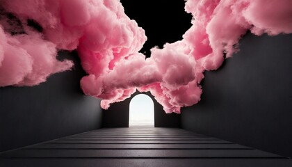 Abstract minimal black background with pink clouds flying out the tunnel 