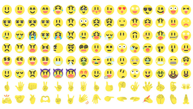 Naklejki 120種類の黄色い丸い顔とハンドサイン。ベクターアイコンイラストセット。 120 types of yellow round faces and hand signs. Vector icon illustration set.