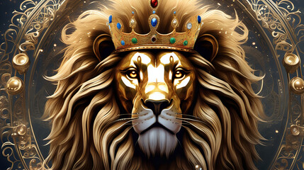 A stylized, majestic lion with a richly adorned crown, set against an ornate background with golden accents, conveying a sense of royalty and grandeur - obrazy, fototapety, plakaty