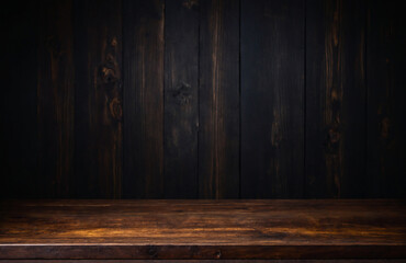 old wooden background with stand table and wooden wall