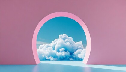 Abstract minimal pink background with blue clouds flying out the tunnel 