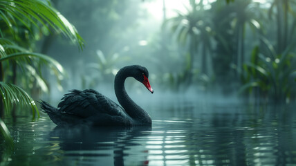 Fototapeta premium a Black swan on a serene pond with red flowers in the background in a Natural ethereal-themed, horizontal format of photorealistic illustration in JPG. Generative ai