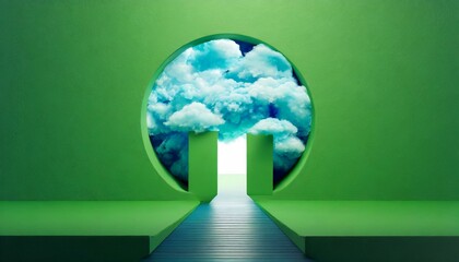 Abstract minimal green background with blue clouds flying out the tunnel