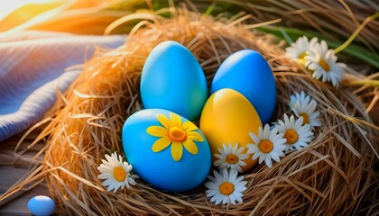 A serene nest with a pair of blue and yellow Easter eggs, surrounded by straw and delicate daisies, under the soft light of a spring sunrise. Easter in the colors generative ai