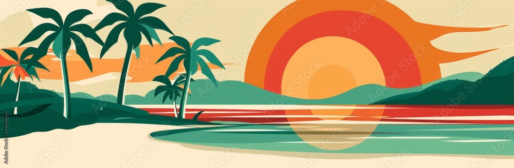Aufkleber abstract flat landscape of palm trees and beach with sun, using simple shapes generative ai