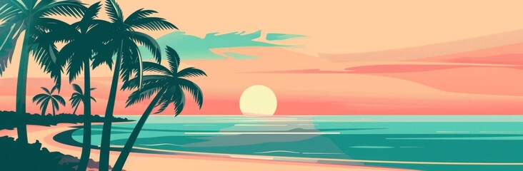 Fototapeta na wymiar illustration of a beach with palm trees, sunset, simple shapes Generative AI