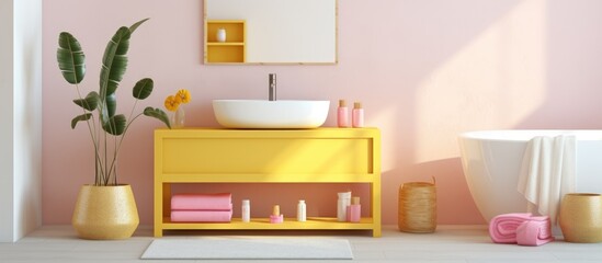 Fototapeta na wymiar Bright Bathroom Corner with White and Yellow Walls Concrete Floor Bathtub and Pink Table Showing Towels and Bottles