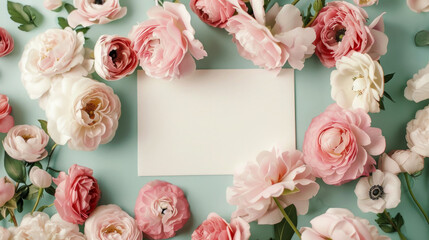 Flat lay of assorted pink ranunculus flowers with blank white card on soft mint background