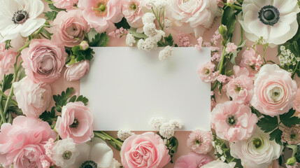 Flat lay of assorted pink and white flowers ranunculus and anemone surrounding blank white card on soft background