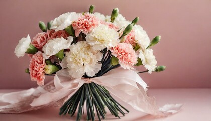 Spring flower bouquet of carnations over pink background. Bridal bouquet, online blog header 