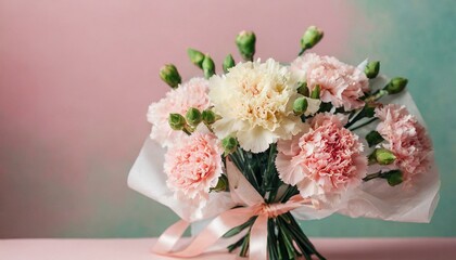 Spring flower bouquet of carnations over pink background. Bridal bouquet, online blog header 