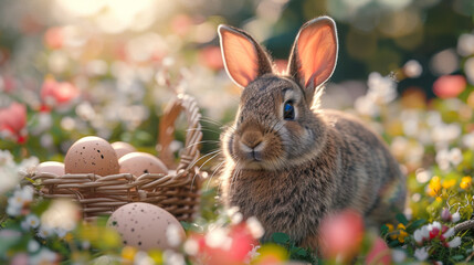 Fototapeta na wymiar Living Easter bunny with eggs in a basket on a meadow in spring.