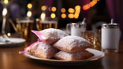 christmas cookies on a table, Bunuelos mexican desserts Food Photography, A tower of cream puffs with a dusting of powdered sugar