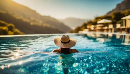 Luxury swimming pool spa resort travel honeymoon destination woman relaxing in infinity pool at hotel nature background summer holiday - obrazy, fototapety, plakaty