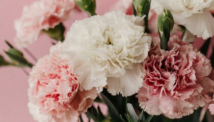 Spring flower bouquet of carnations over pink background. Bridal bouquet, online blog header