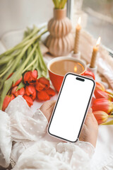 Phone with isolated screen on background of spring decor