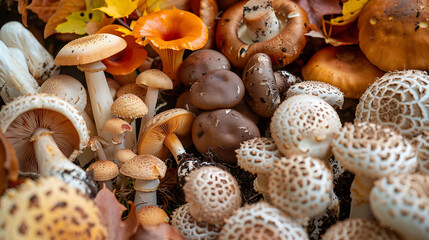 the natural beauty of a variety of mushrooms, showcasing their different shapes, sizes, and earthy colors