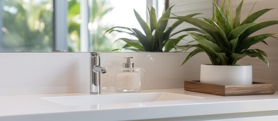 Artificial plant and bathroom essentials on sink vanity